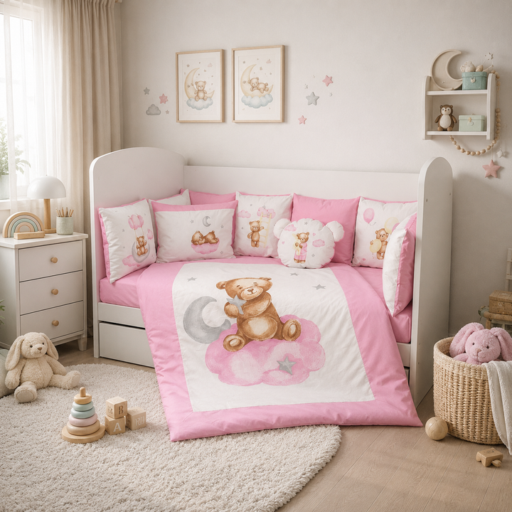 Rainy dječji komplet posteljine za bebe od 7 dijelova Baby Bear One size, ružičast