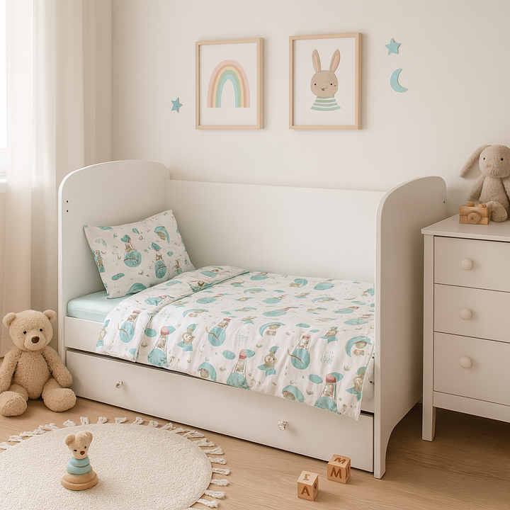 Rainy Bebin set posteljine 3 dijela 65х110 cm. Medvjedić na mjesecu zeleni
