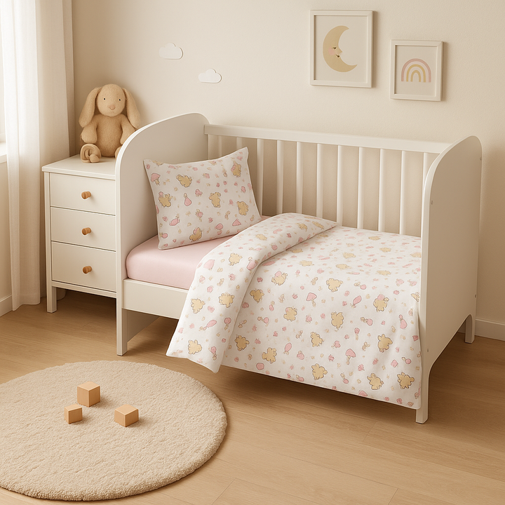 Rainy Set posteljine za bebe, 3 dijela, 65х110 cm, ružičaste zebre i slonići