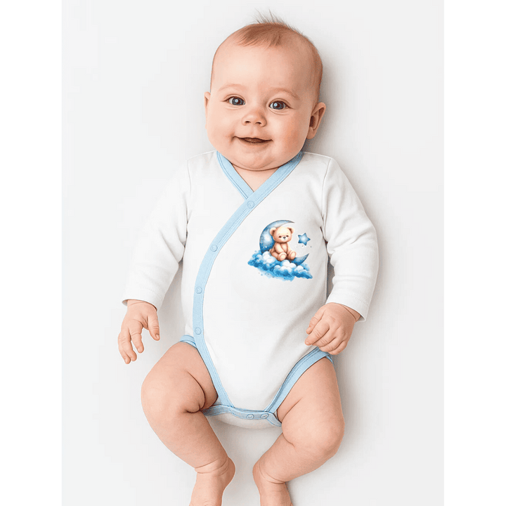 Rainji bodi za bebe Mjesečev medo plavi s bočnim kopčanjem 56-68 cm.