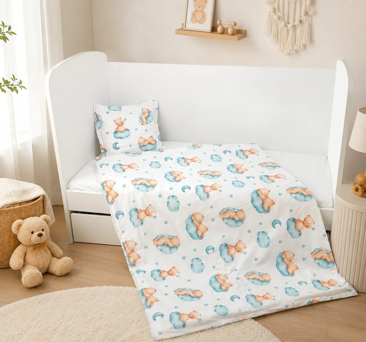 Rainy Set posteljine za bebe, 3 dijela, 60х120 cm, medvjedić na oblaku, rezeda