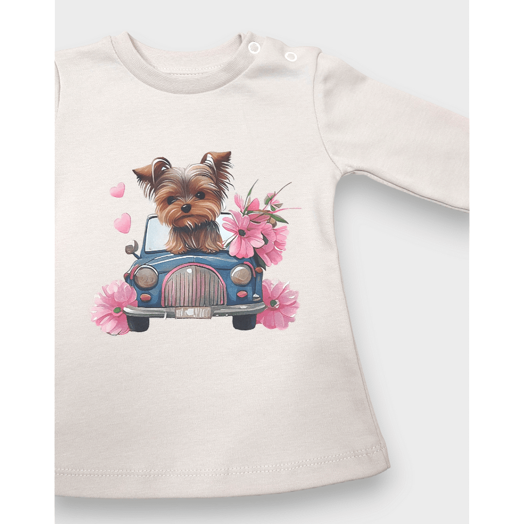Rainy Dječja bluza dugih rukava, Puppy with flowers, 62-92 cm, nježno ekru