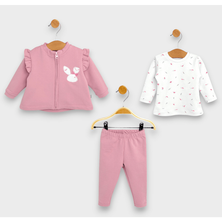 Rainy Trodijelni komplet za bebe Zeko 62-92 cm ružičasto-sivi