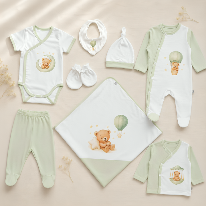 Rainy Komplet za izlazak iz rodilišta za bebe, 8 dijelova, Green bear