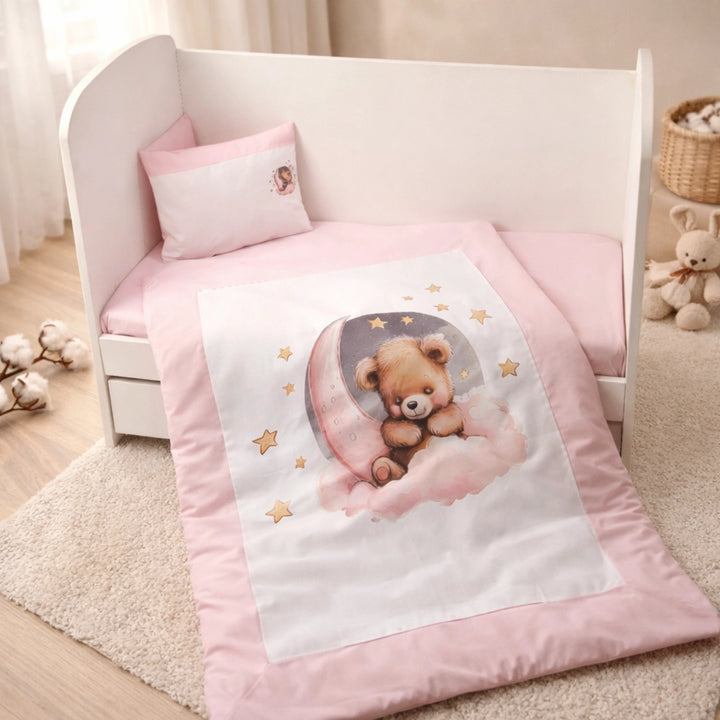 Rainy Bebewski set posteljine 3 dijela 60х120 cm. Ružičasti mjesečev medvjedić