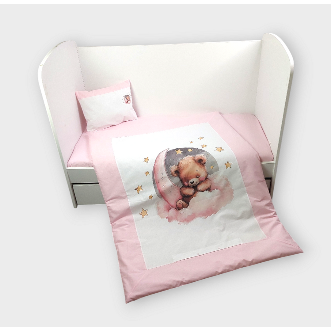 Rainy Bebewski set posteljine 3 dijela 60х120 cm. Ružičasti mjesečev medvjedić