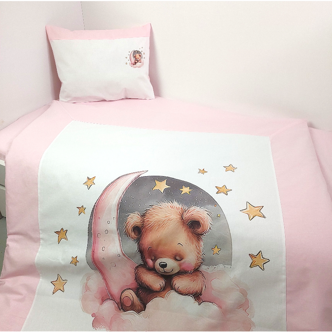 Rainy Bebewski set posteljine 3 dijela 60х120 cm. Ružičasti mjesečev medvjedić