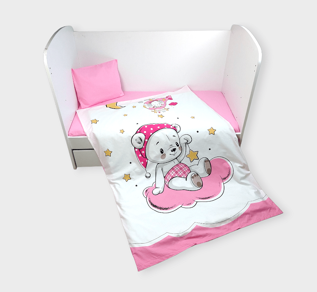 Rainy Bebina posteljina za bebe, 3 dijela, 65х110 cm, ružičasti medo
