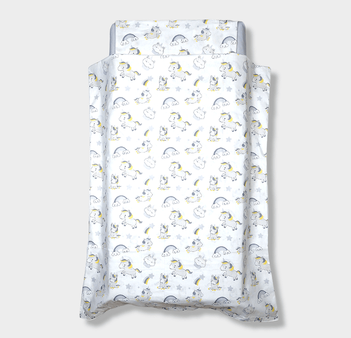 Rainy Bebenska posteljina za mini krevetić i kolijevku, 3 dijela, Jednorog, siva