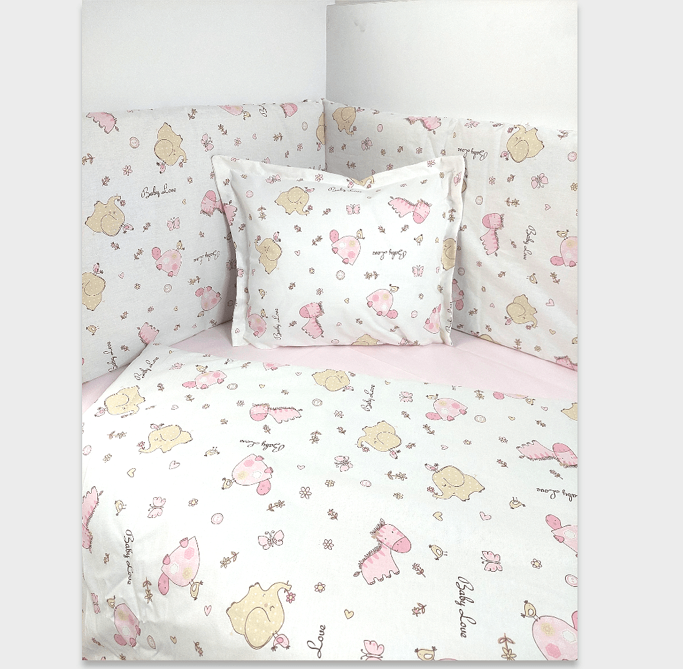 Rainy Bebeski set posteljine od 5 dijelova 60х120 cm. Ružičaste zebre i slončići