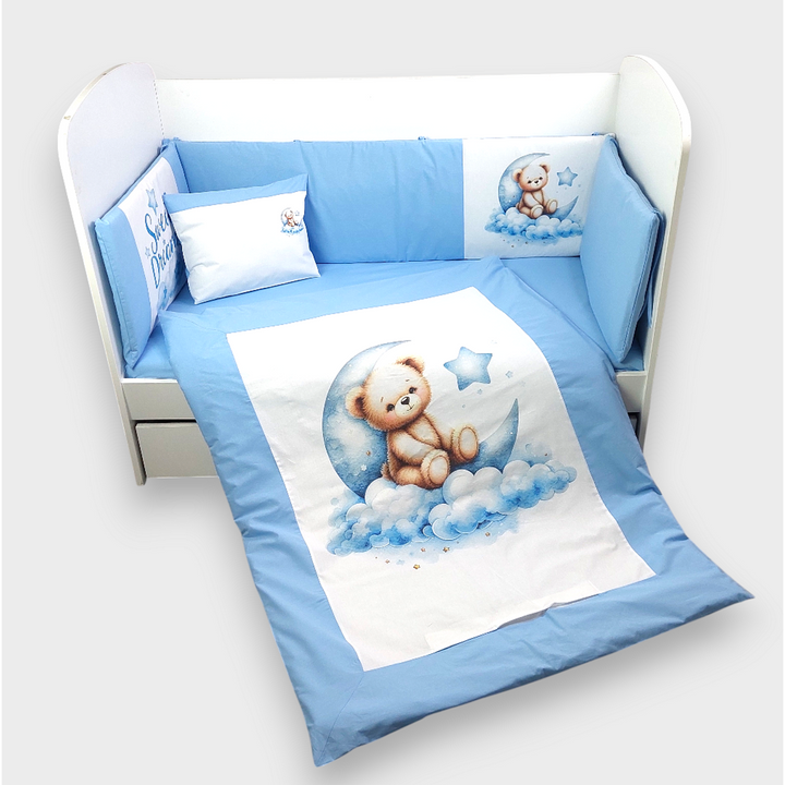 Rainy Bebewski set posteljine 6 dijelova 60х120 cm. Plavi mjesečev medvjedić