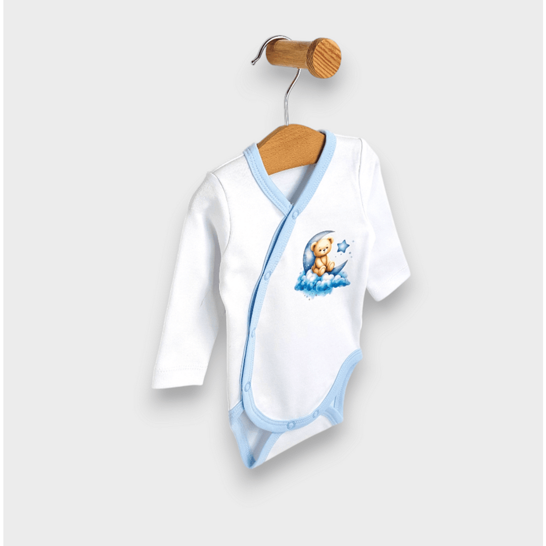 Rainji bodi za bebe Mjesečev medo plavi s bočnim kopčanjem 56-68 cm.