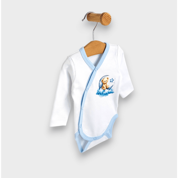 Rainji bodi za bebe Mjesečev medo plavi s bočnim kopčanjem 56-68 cm.