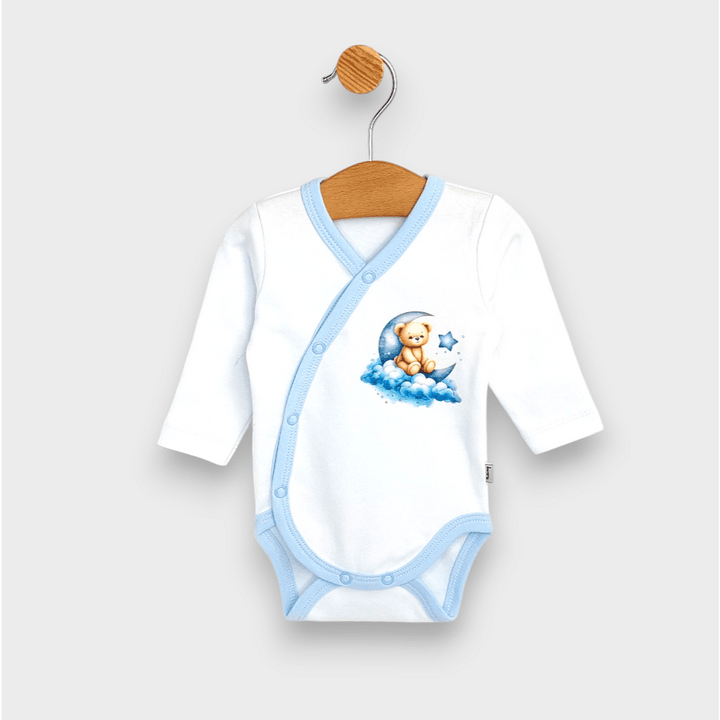 Rainji bodi za bebe Mjesečev medo plavi s bočnim kopčanjem 56-68 cm.
