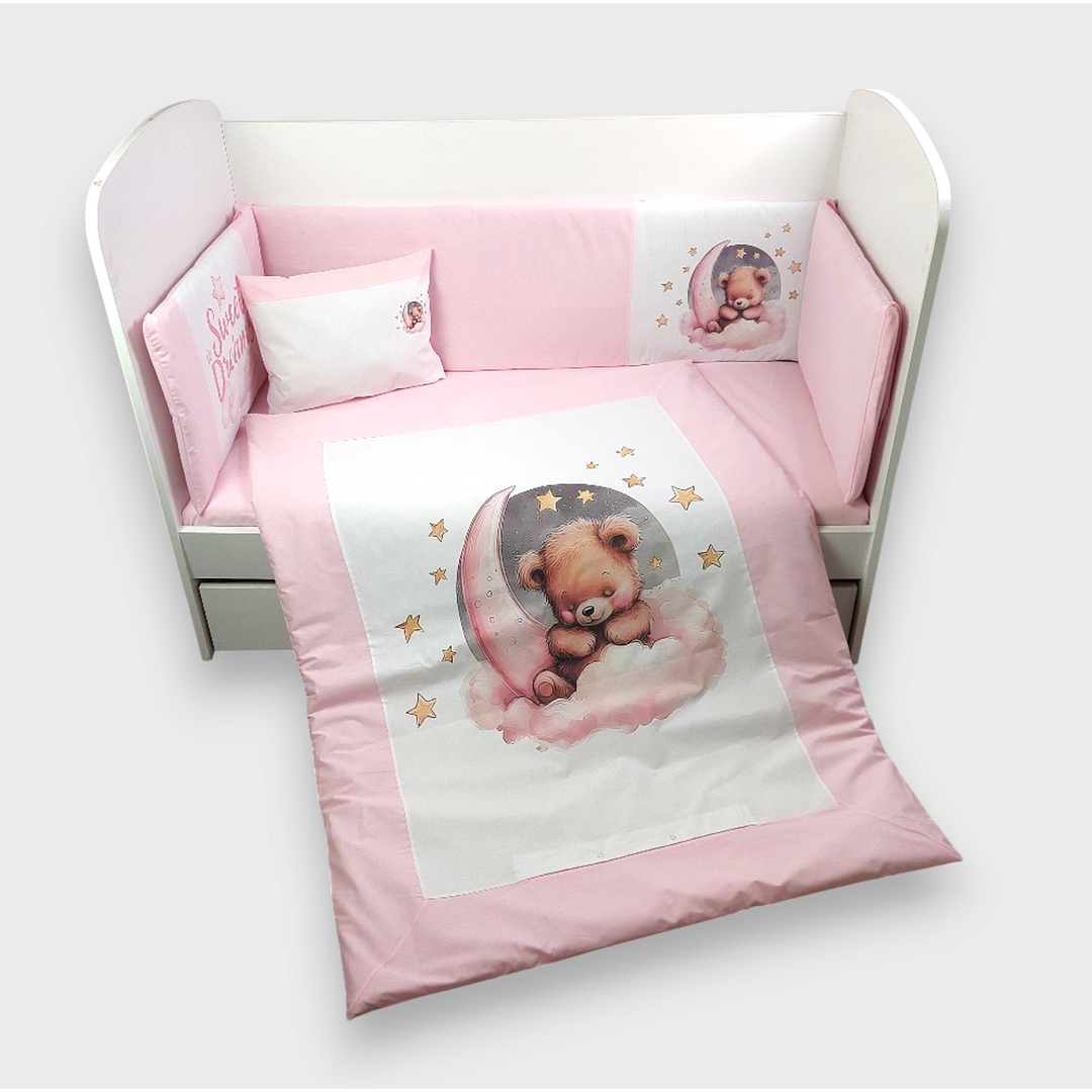 Rainy Обиколник за бебешка кошара 60х120 см. Лунно мече розов
