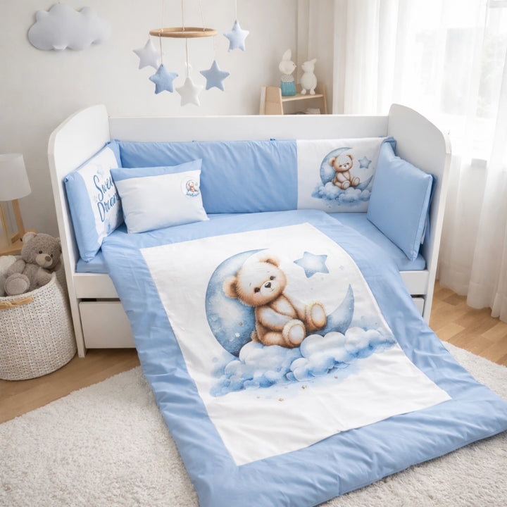 Rainy Bebewski set posteljine 6 dijelova 60х120 cm. Plavi mjesečev medvjedić